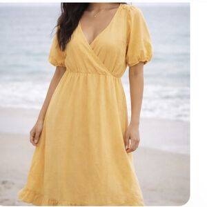 Roxy Yellow Wrap-Style Deep V Neck Ruffle Hem Summer Prairie Midi Dress Sz L